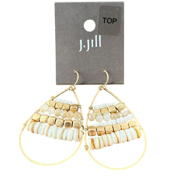 J. Jill Gold Tone Beaded Teardrop Earrings Dangle Drop White Cream Neutral Boho - Picture 4 of 9